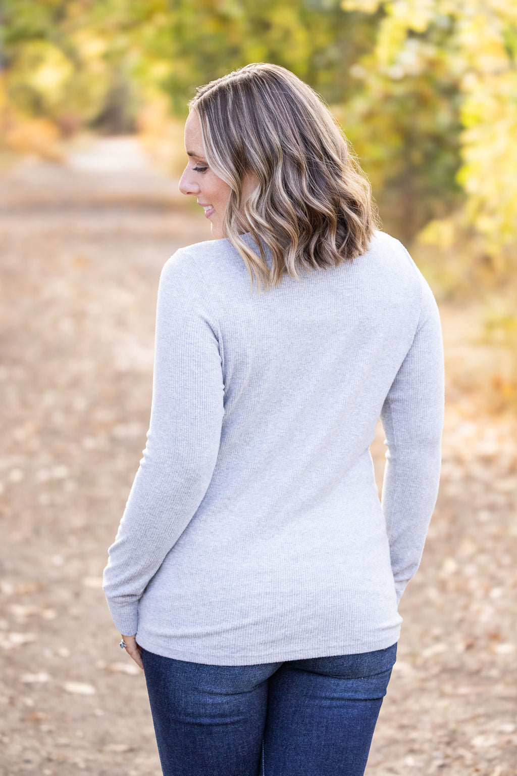 IN STOCK Brielle Henley Ribbed Long Sleeve - Light Grey