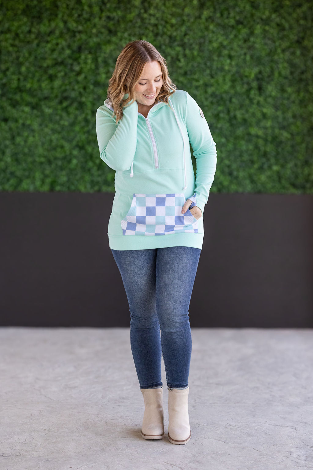 IN STOCK HalfZip Hoodie - Mint with Blue and Mint Checker MM EXCLUSIVE