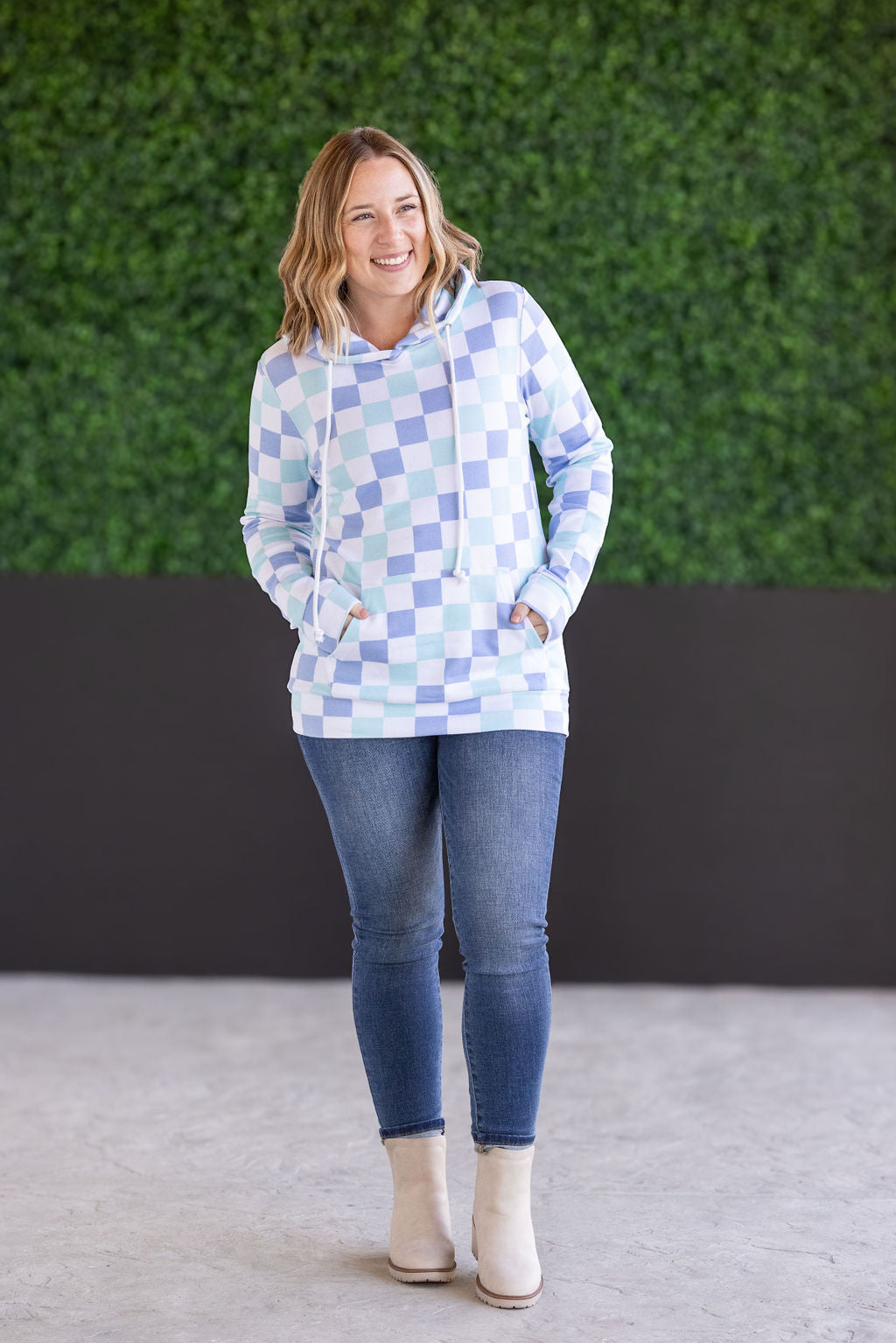 IN STOCK Hailey Pullover Hoodie - Blue and Mint Checker MM EXCLUSIVE