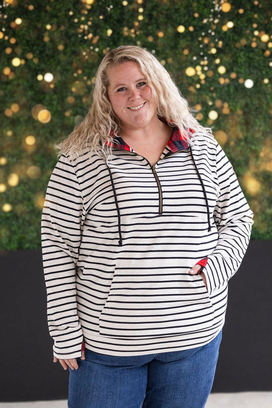 IN STOCK HalfZip Hoodie - Oatmeal Stripes and Buffalo Plaid FINAL SALE