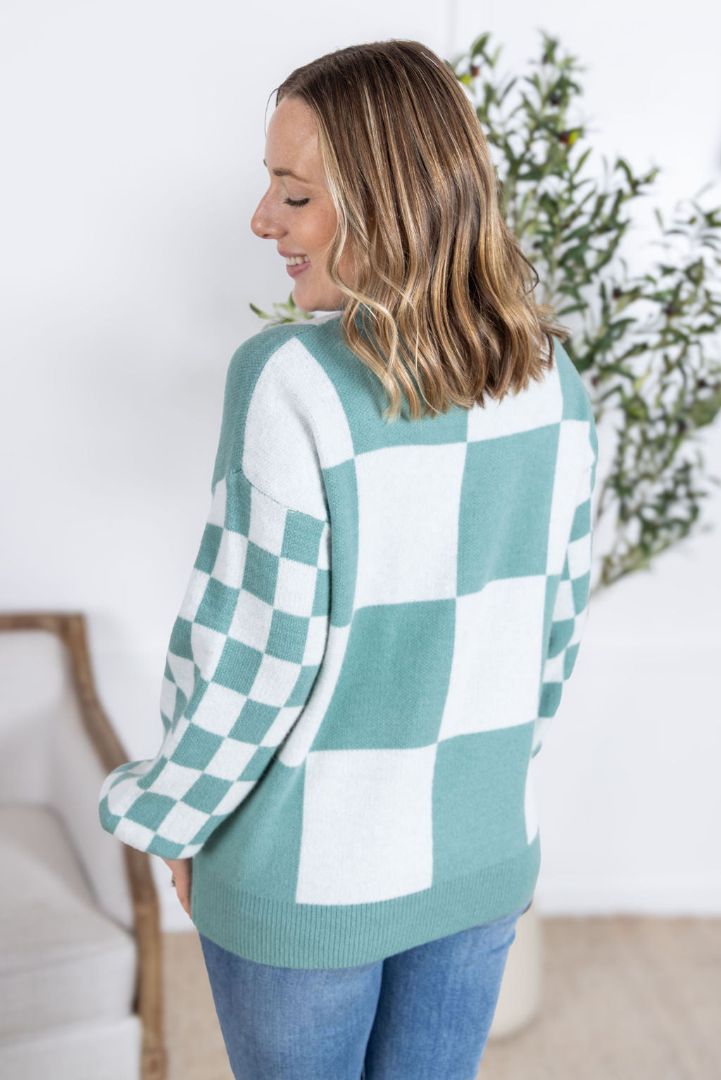 IN STOCK Checkered Pullover Sweater - Dusty Jade