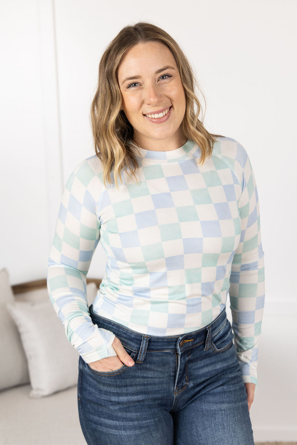 IN STOCK Blair Long Sleeve Top - Blue and Mint Checker MM EXCLUSIVE