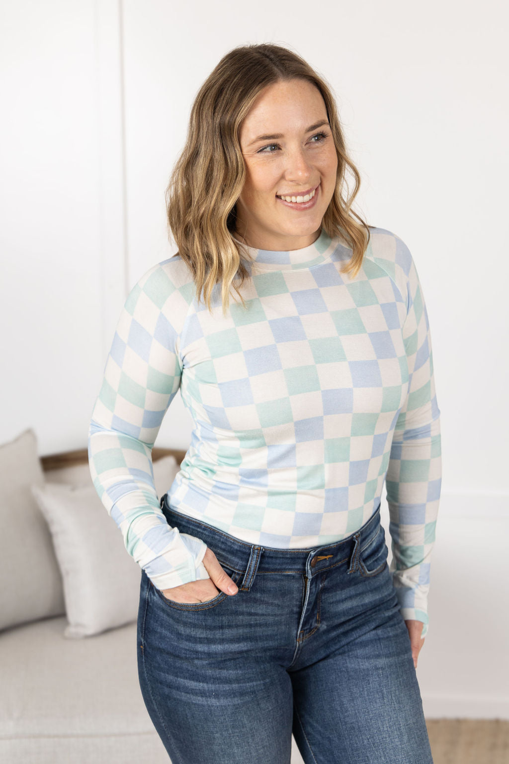 IN STOCK Blair Long Sleeve Top - Blue and Mint Checker MM EXCLUSIVE