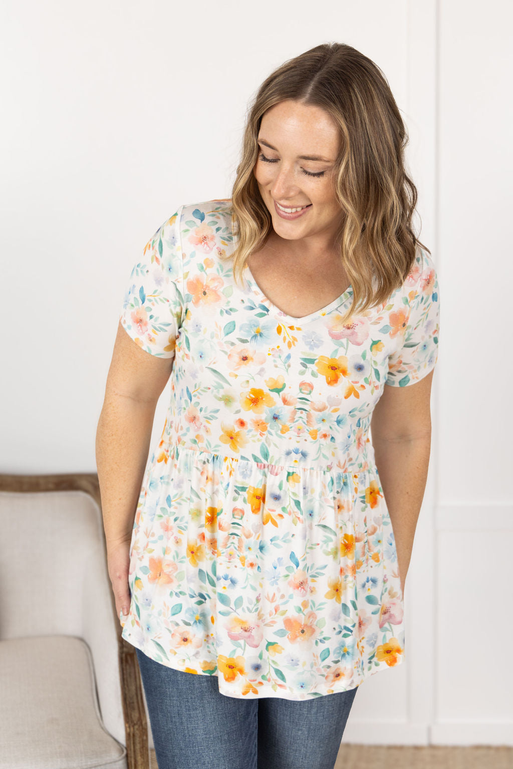 IN STOCK Sarah Ruffle Short Sleeve - Watercolor Floral