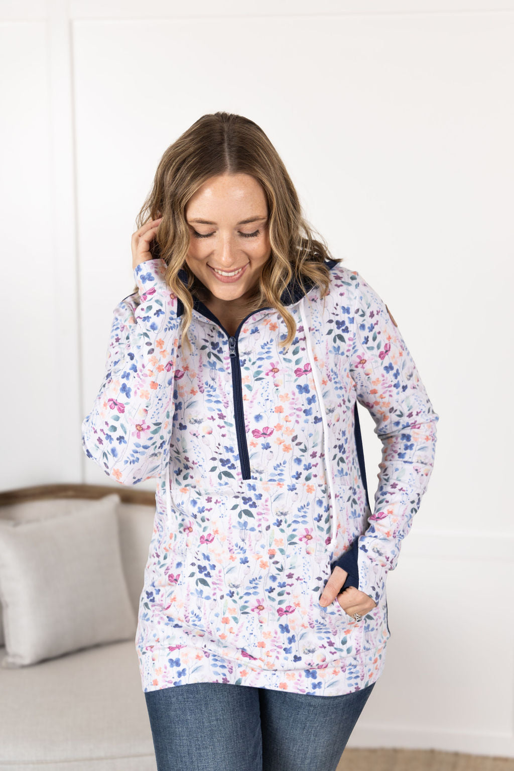 IN STOCK HalfZip Hoodie - Floral Paradise and Navy