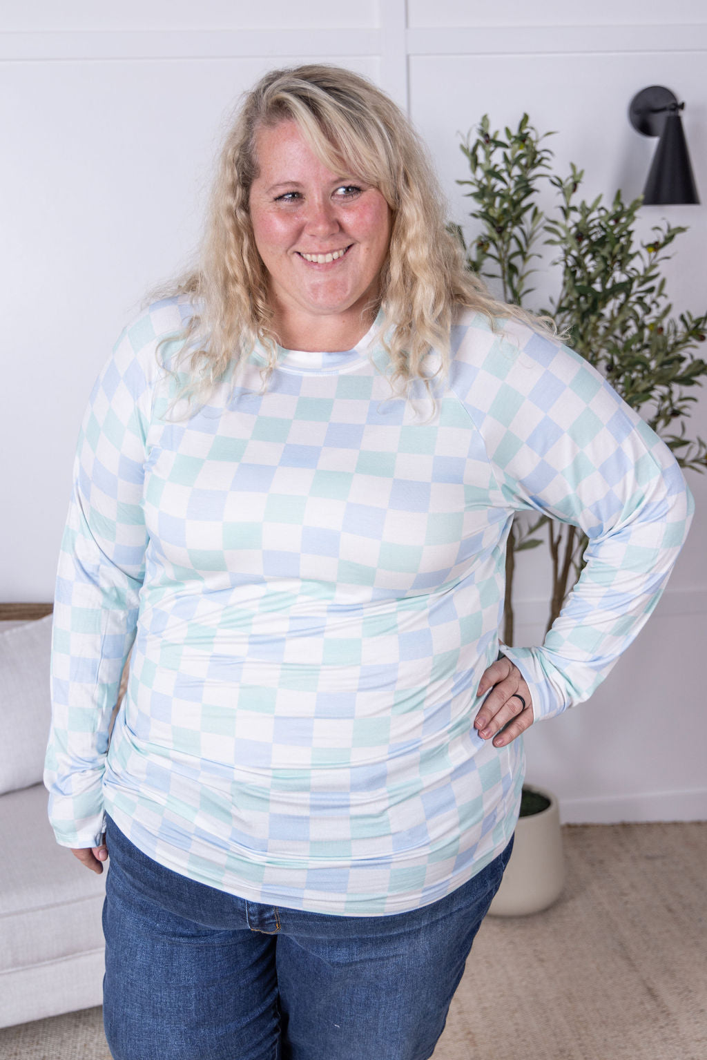 IN STOCK Blair Long Sleeve Top - Blue and Mint Checker MM EXCLUSIVE