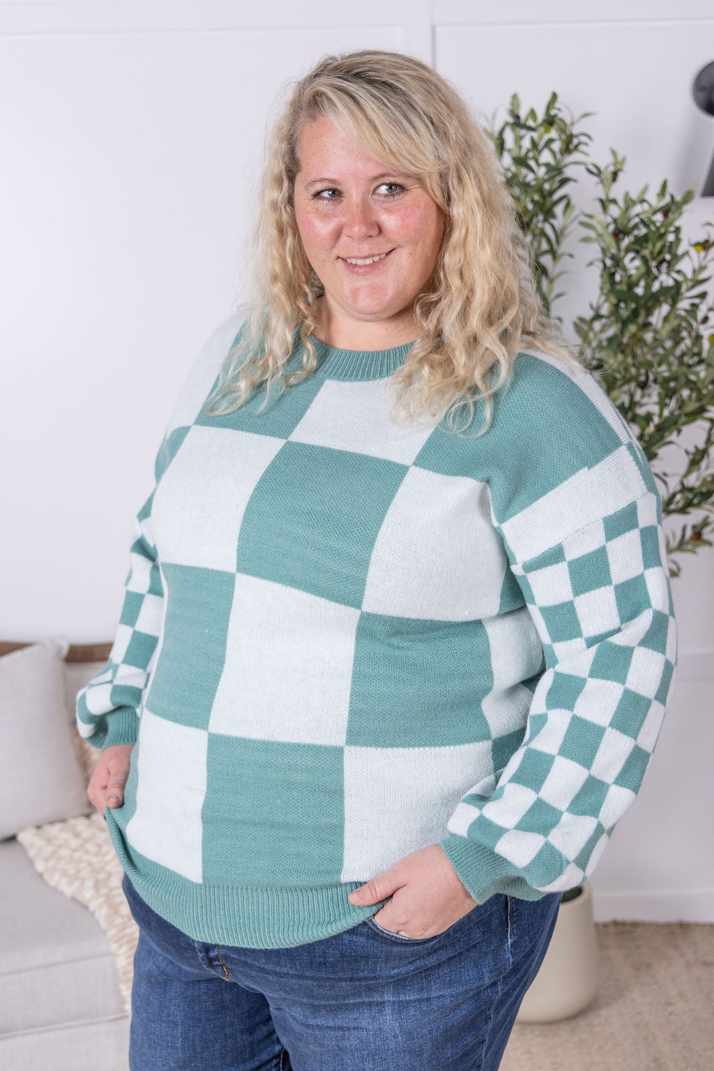 IN STOCK Checkered Pullover Sweater - Dusty Jade