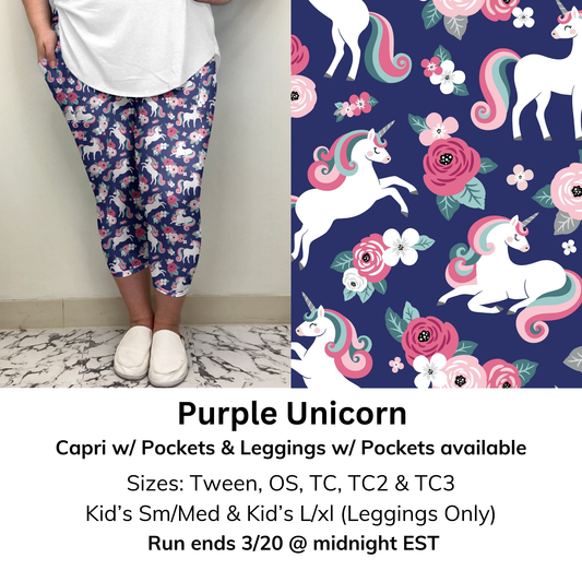 Purple Unicorn Capri/Leggings w/ Pockets (Kid's Leggings too!) | Run ends 3/20 | ETA 32 Days