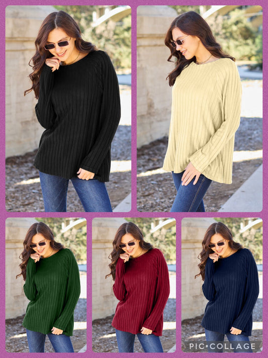 Basic Bae Full Size Ribbed Round Neck Long Sleeve Knit Top