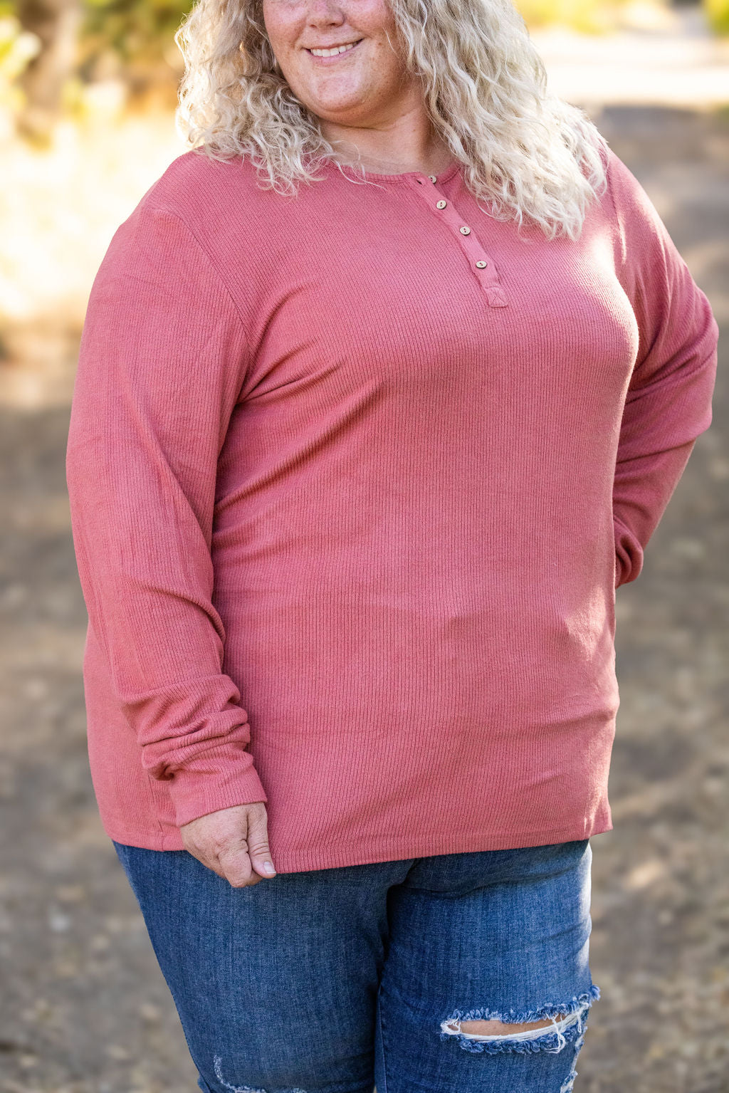 IN STOCK Brielle Henley Ribbed Long Sleeve - Terra Cotta