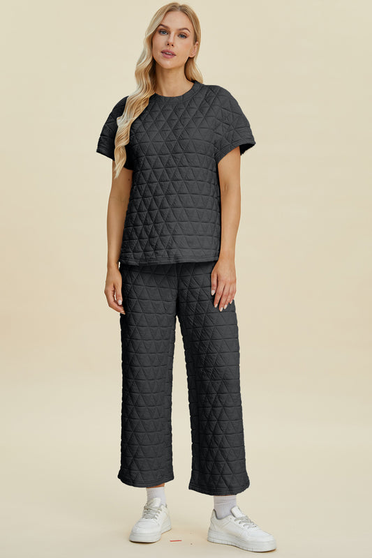 Double Take Full Size Texture Round Neck Short Sleeve Top and Pants Set