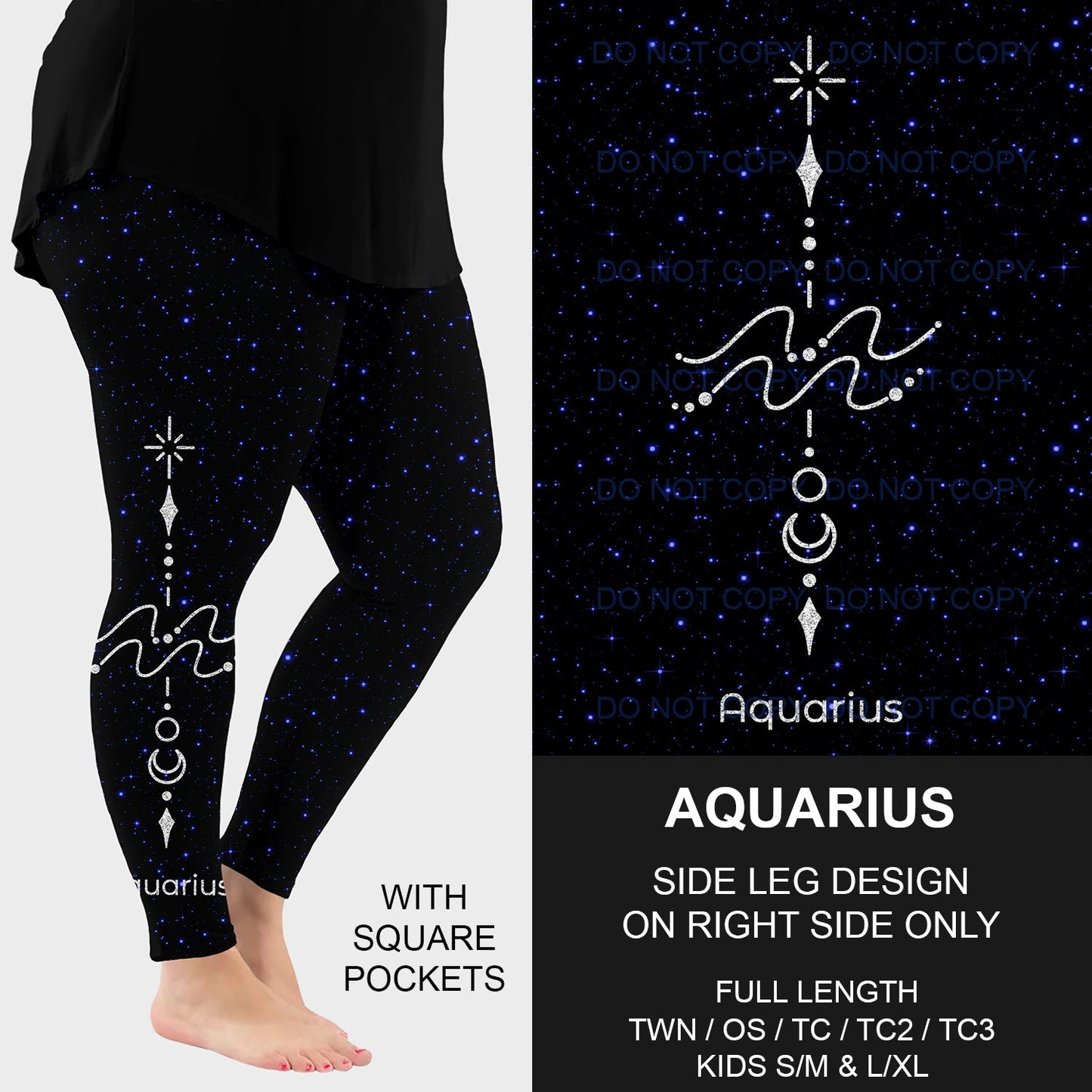 B210 - Preorder Aquarius Zodiac Sign Side Design Leggings w/ Pockets (Closes 2/04. ETA early May)