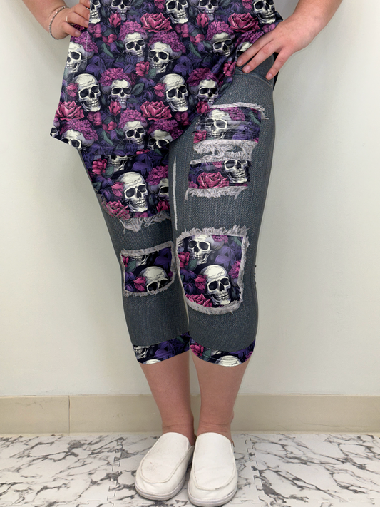 Black Denim Pink Purple Floral & Skulls Capri w/ Back Pockets