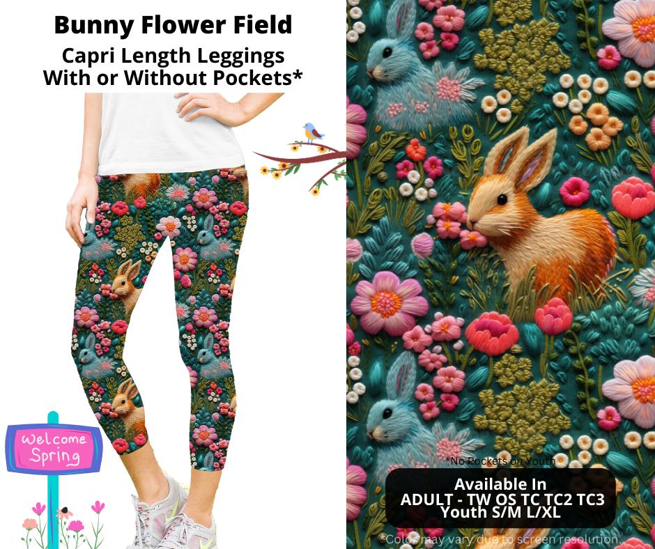 Preorder! Closes 1/27. ETA April. Bunny Flower Field Capri Leggings w/wo Pockets