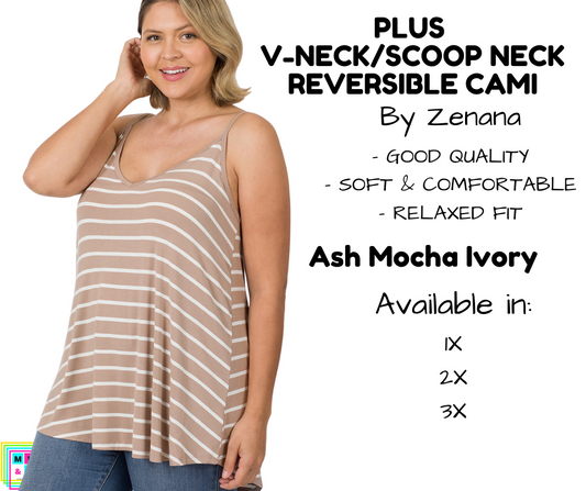 PLUS V-Neck/Scoop Neck Reversible Cami - Striped Ash Mocha/Ivory