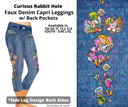 Preorder! Closes 3/19. ETA June. Curious Rabbit Hole Capris Faux Denim w/ Side Leg Designs