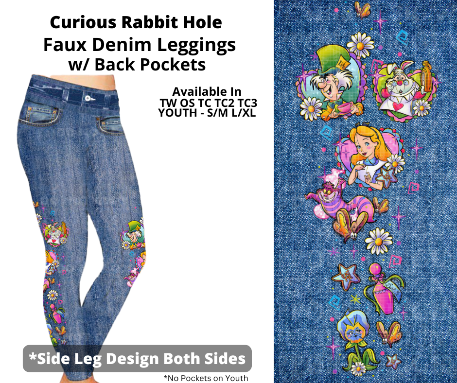 Preorder! Closes 3/19. ETA June. Curious Rabbit Hole Full Length Faux Denim w/ Side Leg Designs