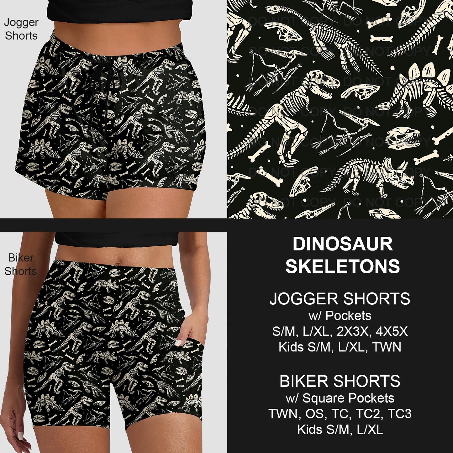 B219 - Preorder Dinosaur Skeletons Jogger/Biker Shorts (Closes 3/23. ETA: early June)