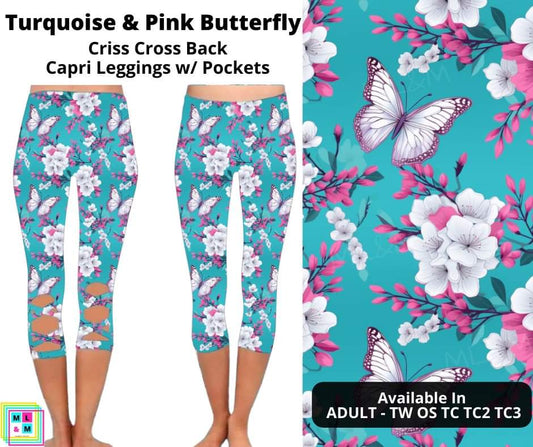 Turquoise & Pink Butterfly Criss Cross Capri w/ Pockets