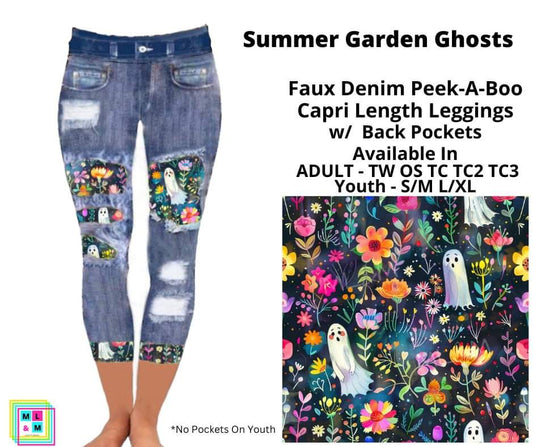 Summer Garden Ghosts Faux Denim Peekaboo Capris