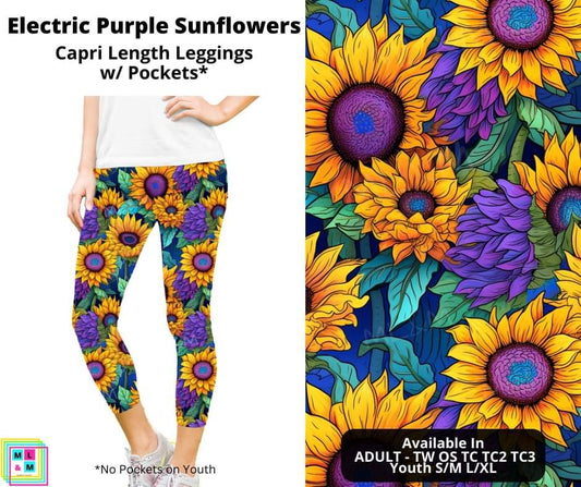 Electric Purple Sunflowers Capri Length Leggings w/ Pockets