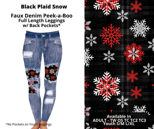 Black Plaid Snow Faux Denim Full Length Peekaboo Leggings