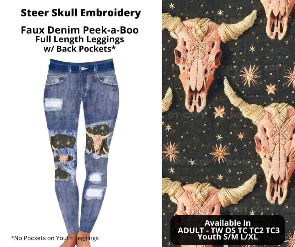 Steer Skull Embroidery Faux Denim Full Length Peekaboo Leggings