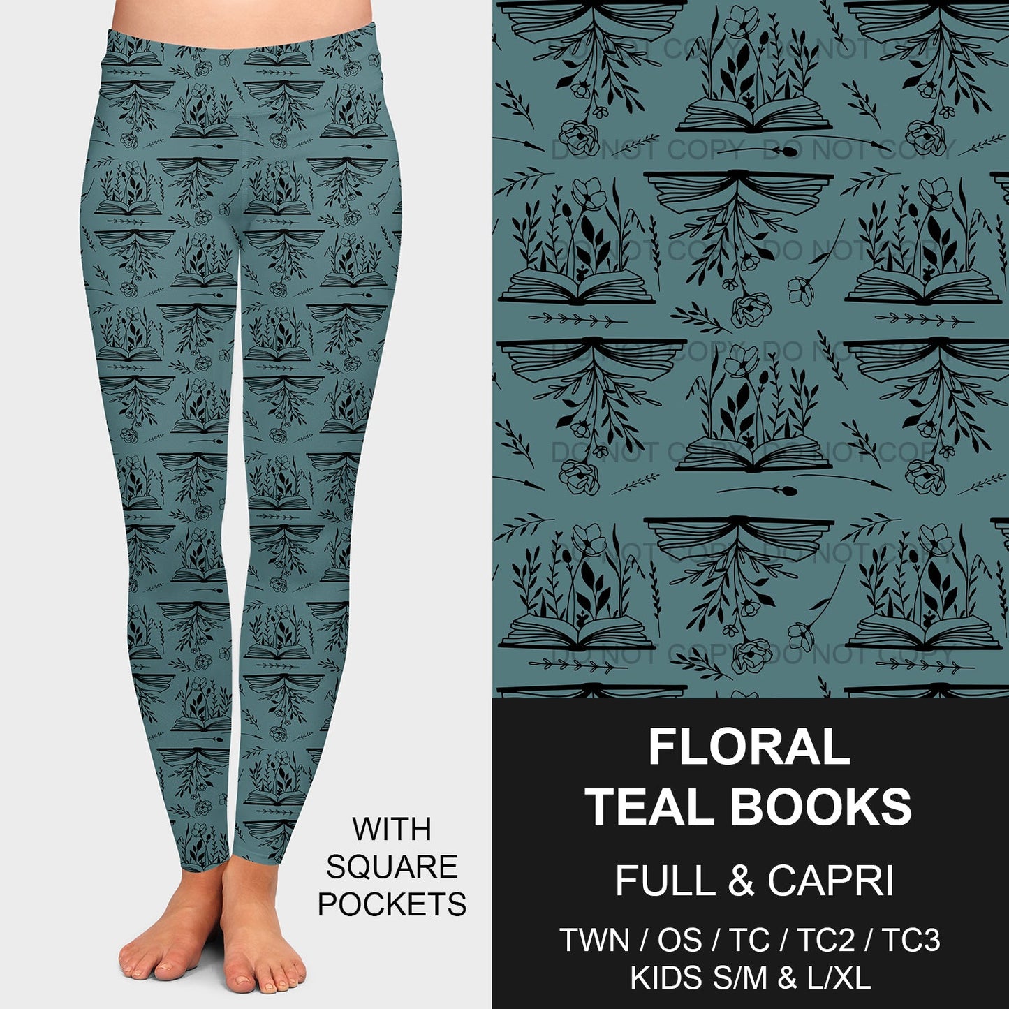 B209 - Preorder Floral Teal Books Leggings w/ Pockets (Closes 2/02. ETA: early May)