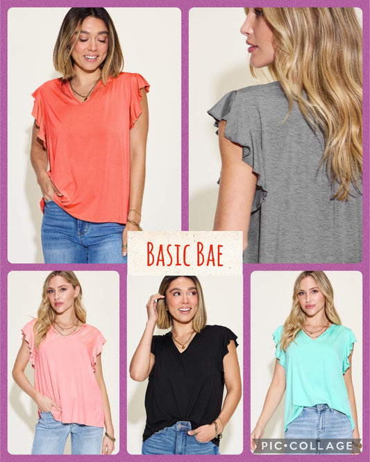 Basic Bae Bamboo Notched Ruffled Short Sleeve T-Shirt