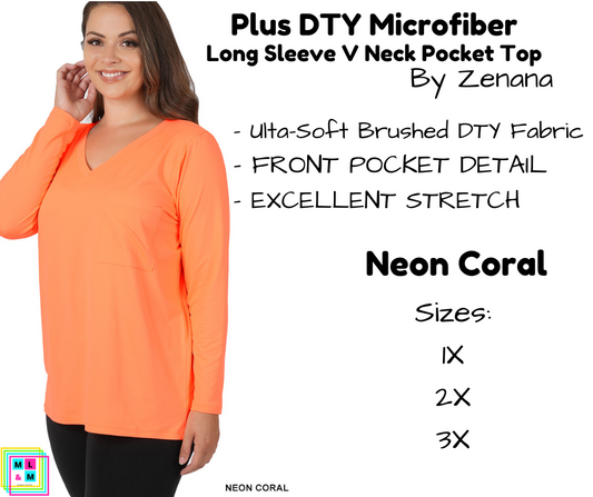 PLUS DTY Microfiber Long Sleeve V Neck Pocket Top - Neon Coral