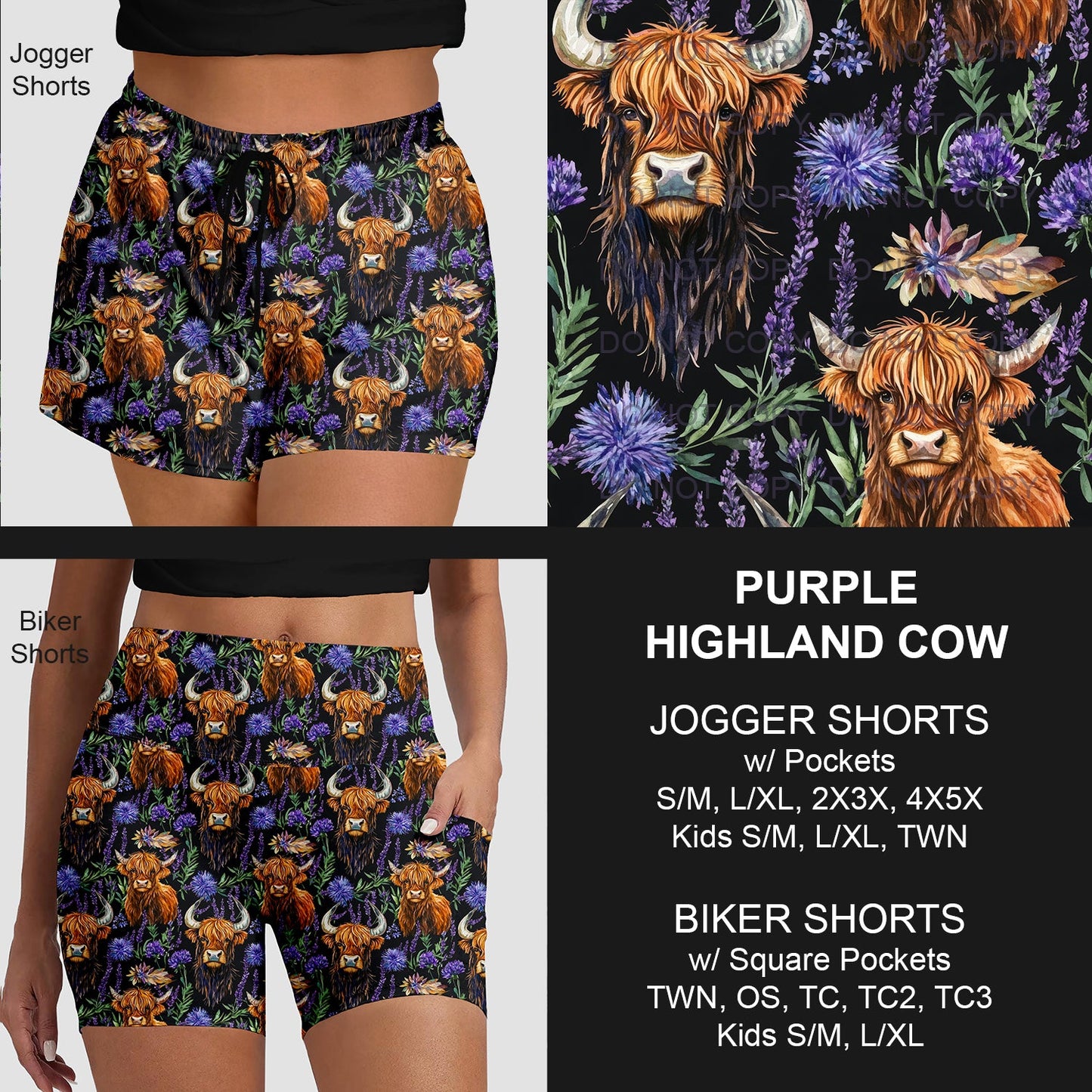 B219 - Preorder Purple Highland Cow Jogger/Biker Shorts (Closes 3/23. ETA: early June)