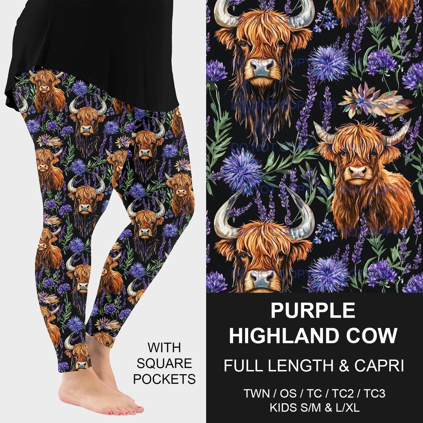 B219 - Preorder Purple Highland Cow Leggings w/ Pockets (Closes 3/23. ETA: early June)