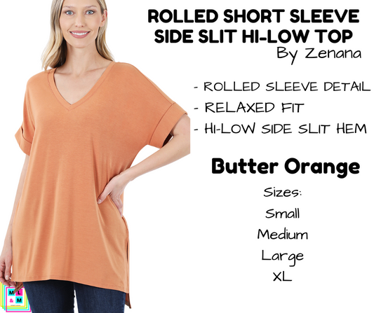 Rolled Short Sleeve Side Slit Hi-Low Top - Butter Orange