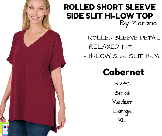 Rolled Short Sleeve Side Slit Hi-Low Top - Cabernet