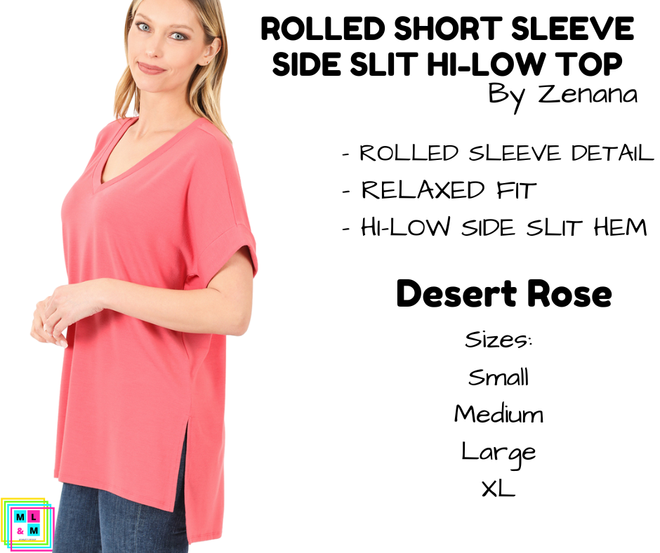 Rolled Short Sleeve Side Slit Hi-Low Top - Desert Rose