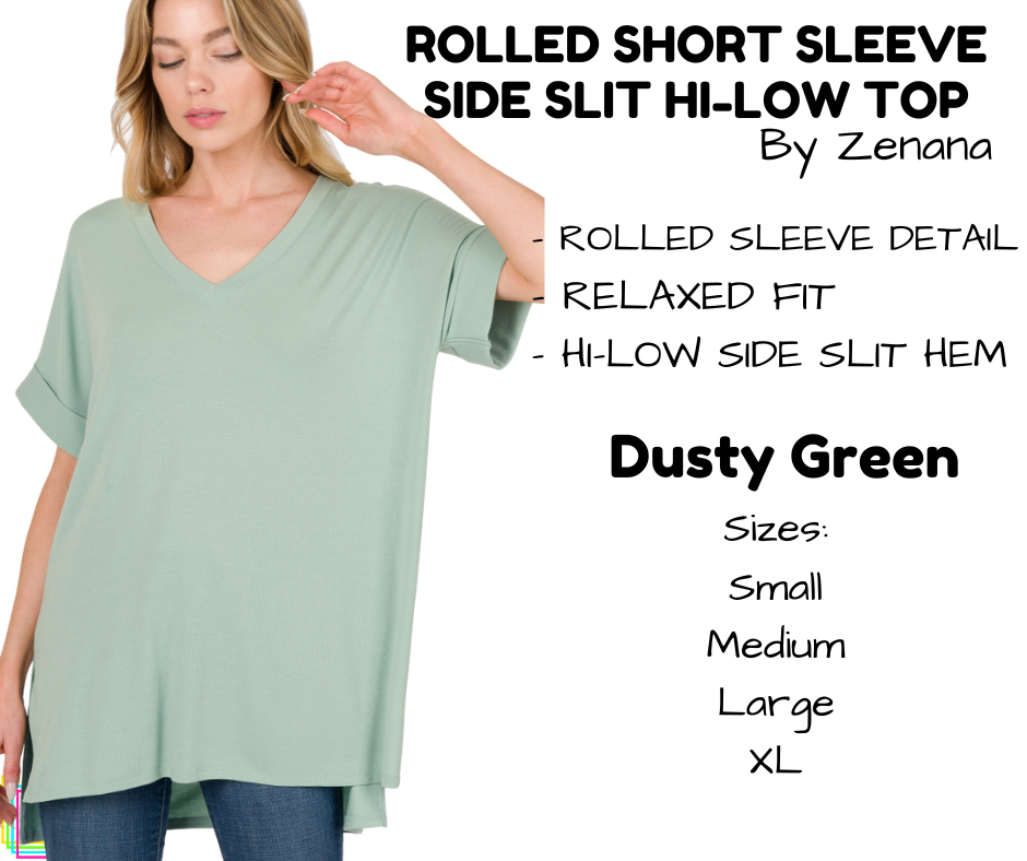 Rolled Short Sleeve Side Slit Hi-Low Top - Dusty Green