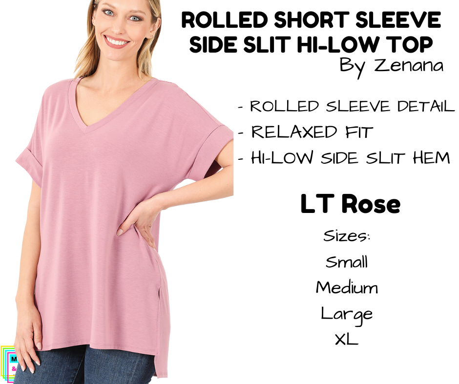 Rolled Short Sleeve Side Slit Hi-Low Top - LT Rose