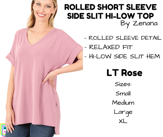 Rolled Short Sleeve Side Slit Hi-Low Top - LT Rose