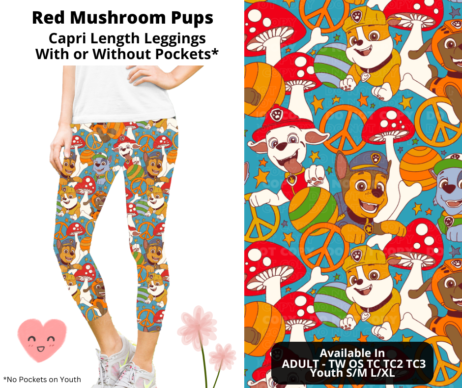 Preorder! Closes 3/3. ETA June. Red Mushroom Pups Capri Leggings w/wo Pockets