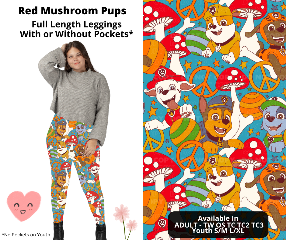 Preorder! Closes 3/3. ETA June. Red Mushroom Pups Full Length Leggings w/wo Pockets