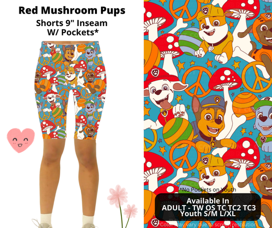 Preorder! Closes 3/3. ETA June. Red Mushroom Pups 9" Inseam Shorts w/wo Pockets