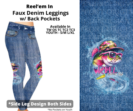 Preorder! Closes 3/19. ETA June. Reel'em In Full Length Faux Denim w/ Side Leg Designs