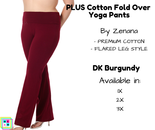 PLUS Cotton Fold Over Yoga Pants - DK Burgundy