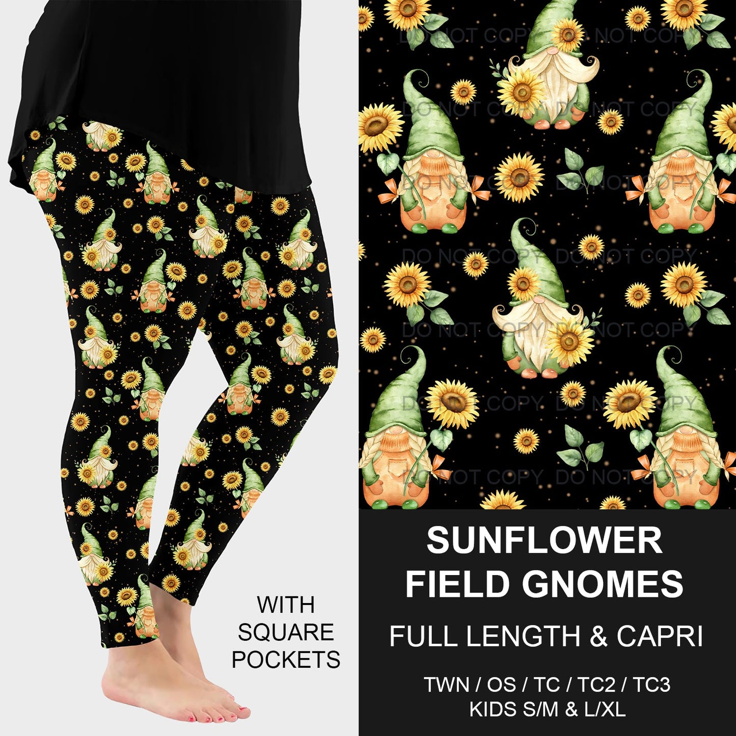 B219 - Preorder Sunflower Field Gnomes Leggings w/ Pockets (Closes 3/23. ETA: early June)