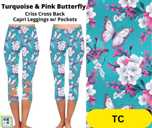 *Clearance* Price Drops in Cart! Turquoise & Pink Butterfly Criss Cross Capri w/ Pockets