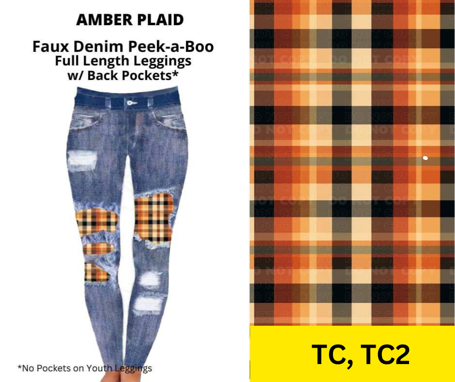 Amber Plaid Faux Denim Full Length Peekaboo Leggings