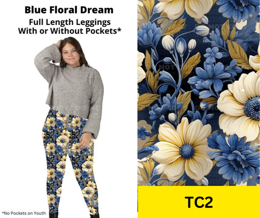 *Clearance* Price Drops in Cart! Blue Floral Dream Full Length Leggings w/ Pockets