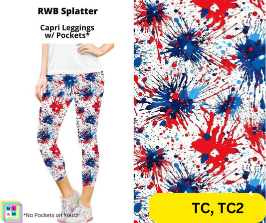 *Clearance* Price Drops in Cart! RWB Splatter Capri Length Leggings w/ Pockets