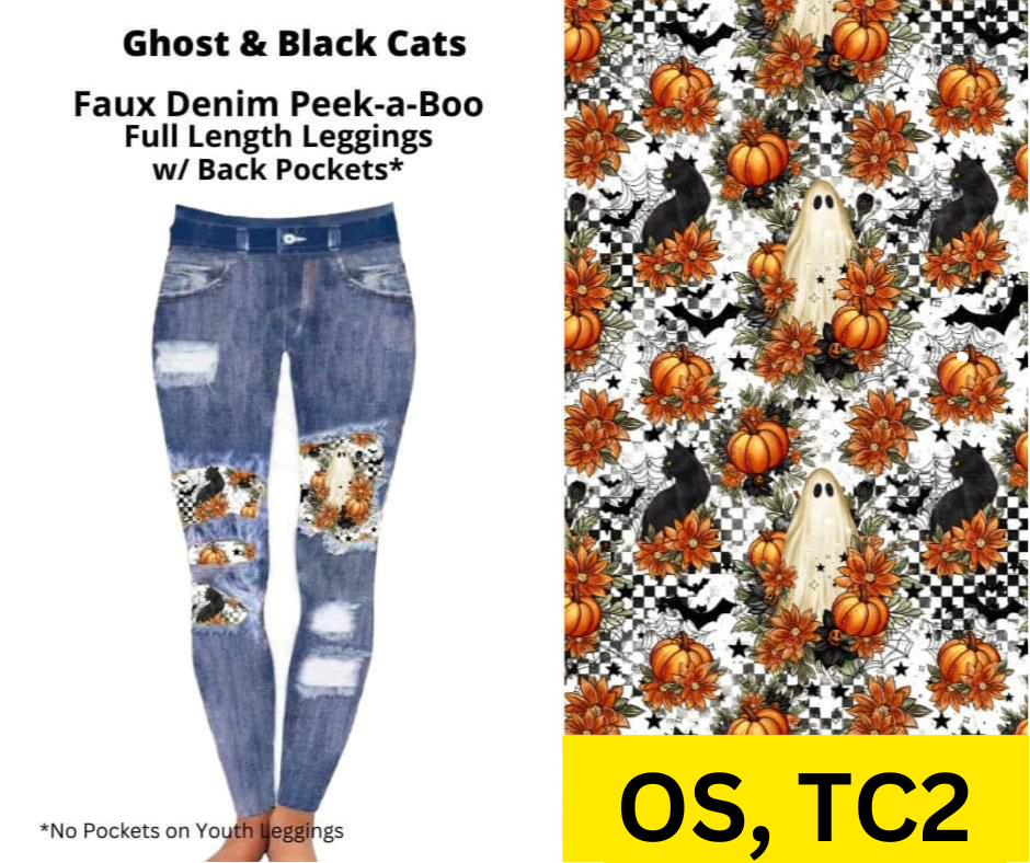 *Clearance* Price Drops in Cart! Ghost & Black Cats Faux Denim Full Length Peekaboo Leggings