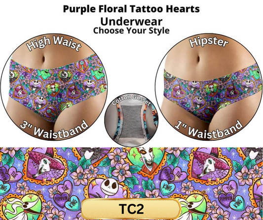 Purple Floral Tattoo Hearts Hipster & High Waist Underwear